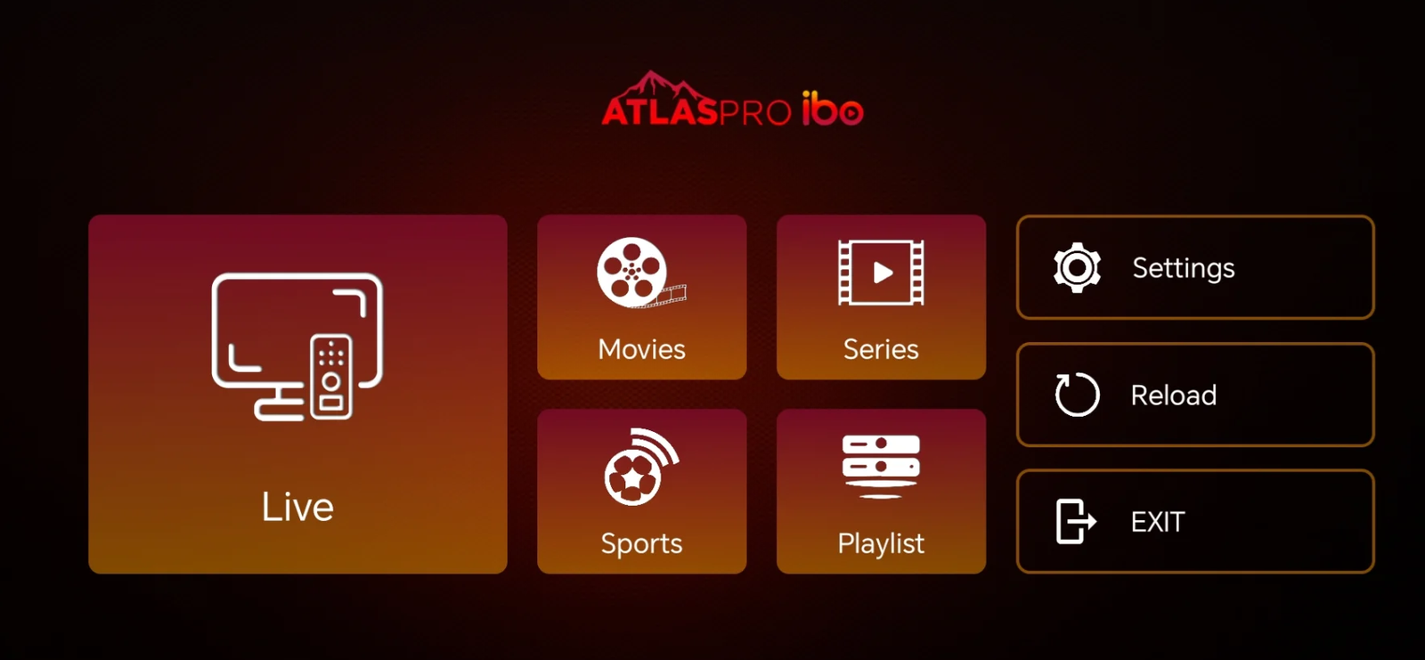 Atlas Pro IBO - Interface IPTV 4K avec chaînes sport, films et séries en VOD